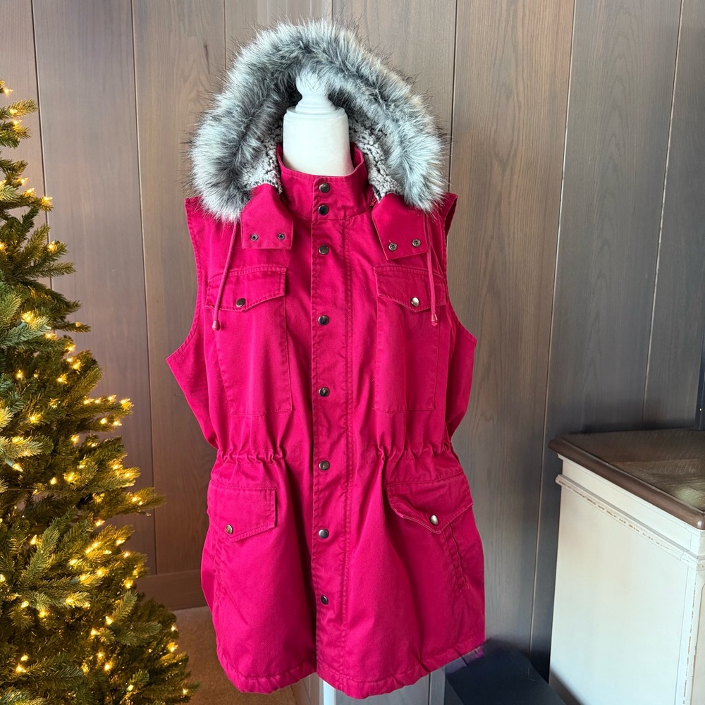 COLDWATER CREEK High Point Peak Vest Sherpa Faux Fur Hood 1X